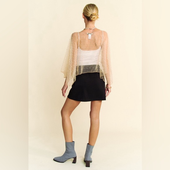 266B. Pearl Rhinestone Embellished Mesh Topper Cape - Nude - Picture 4 of 10